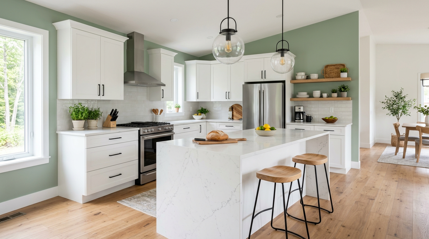 Open kitchen with a large island inside a Homes Direct model